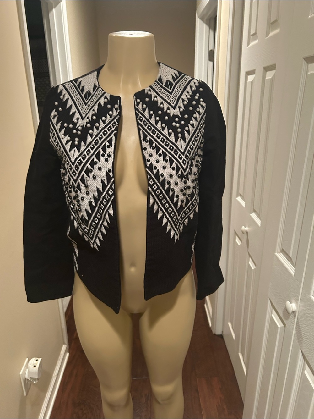 Vintage HnM Black and White Embroidered Open-Front black denim Jacket